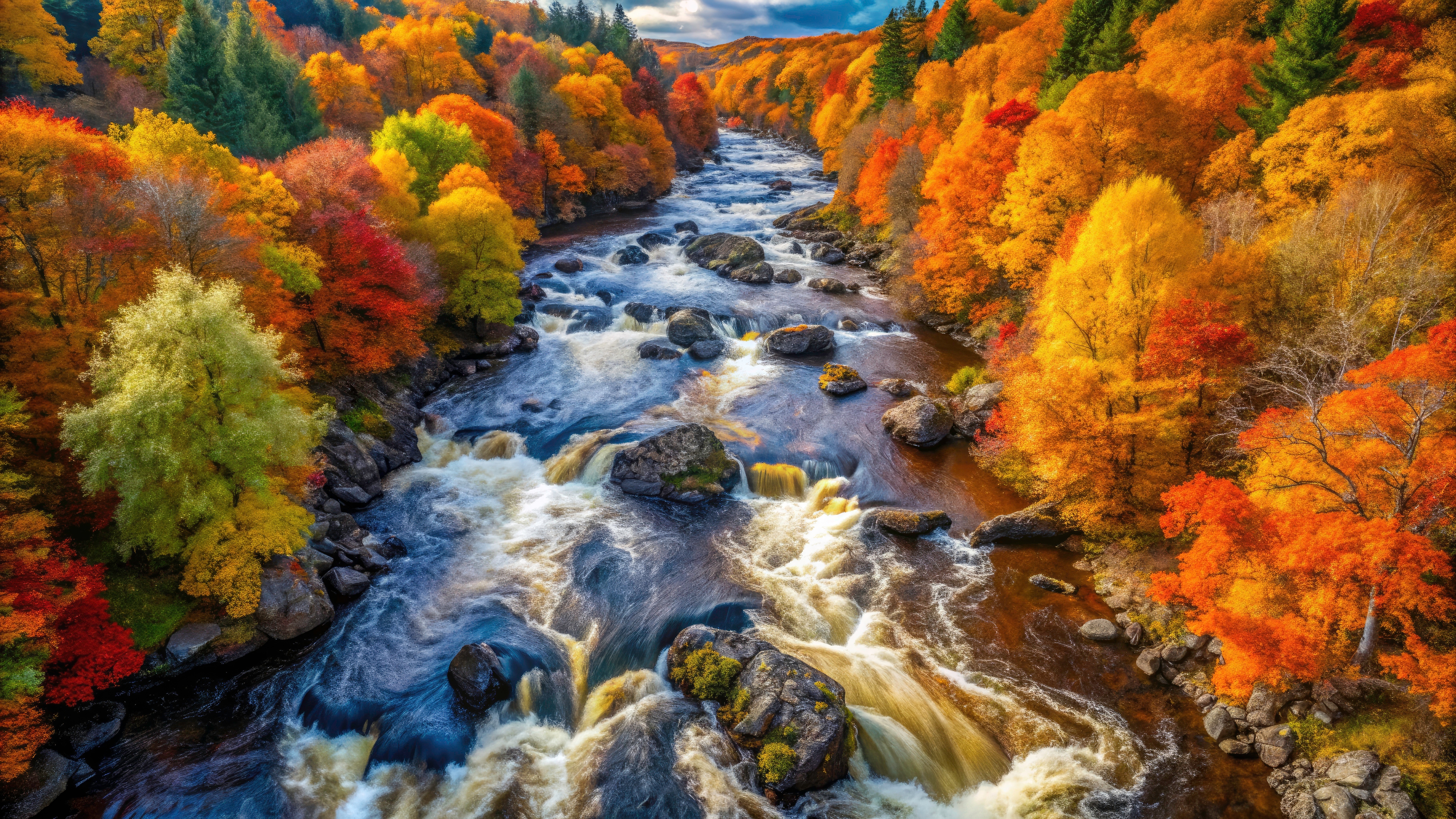 Landscape panoramic image of a Scottish river with autumnal trees on each side.